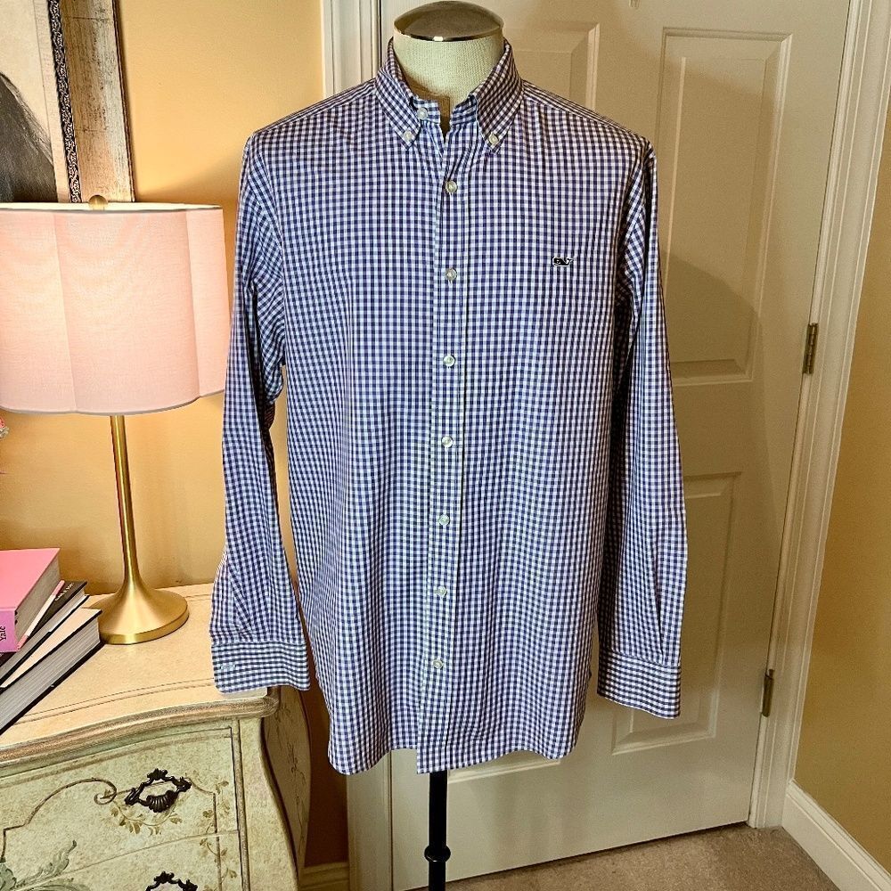 EUC Vineyard Vines Purple White Gingham Slim Fit Whale Button Down Shirt LARGE‎
